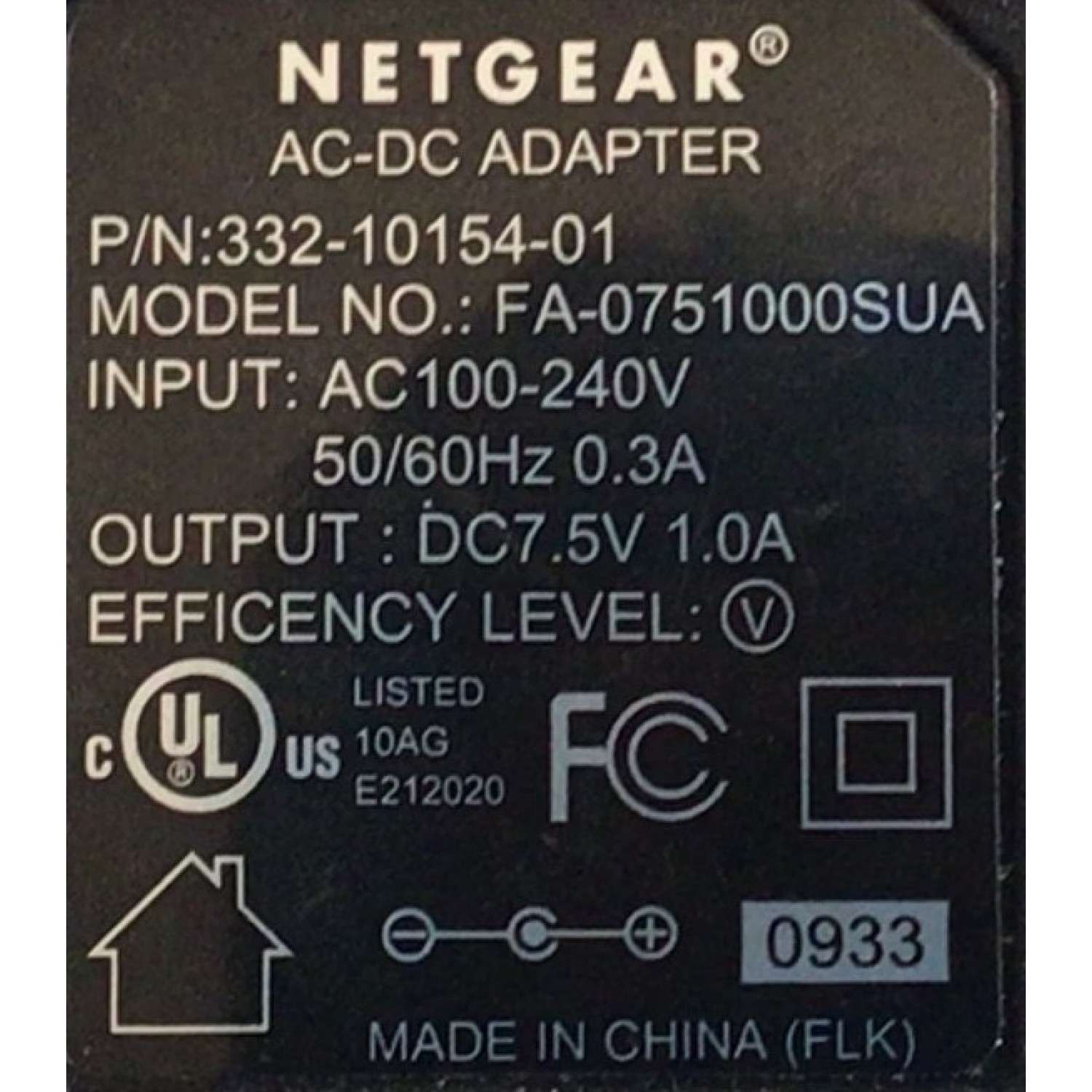 CARGADOR / ADAPTADOR DE FUENTE DE ALIMENTACION NETGEAR AC-DC / NUMERO DE PARTE 332-10154-01 / ENTRADA VCA 100-240V~ 50/60HZ 0.3A  / SALIDA VCD 7.5V 1.0A / MODELO FA-0751000SUA - Imagen 2